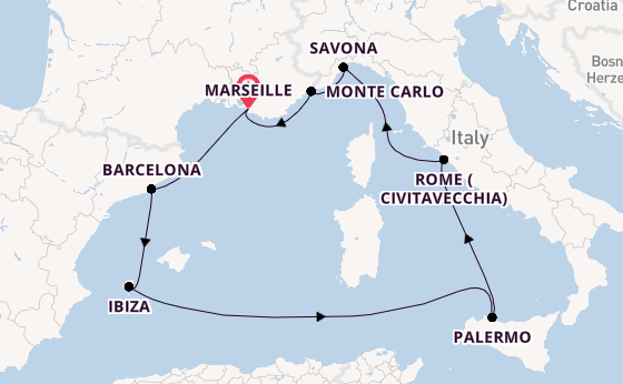 Western Mediterranean from Marseille, France with the Costa Toscana