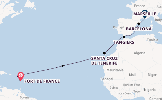 Southern Caribbean from Fort de France, Martinique with the Costa Favolosa