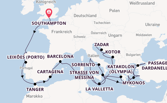 Mittelmeer ab Southampton, Großbritannien auf der Queen Elizabeth