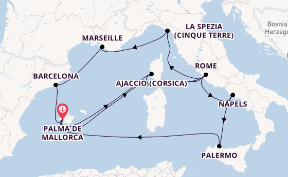 Westelijke Middellandse Zee vanaf Palma de Mallorca, Mallorca, Spanje met de Mein Schiff 4
