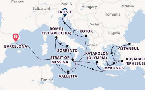 Mediterranean Sea from Barcelona, Spain with the Queen Elizabeth