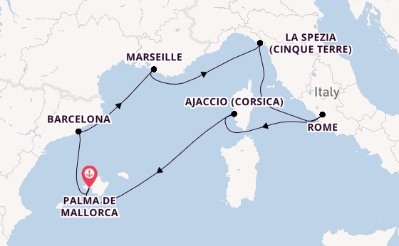 Westelijke Middellandse Zee vanaf Palma de Mallorca, Mallorca, Spanje met de Mein Schiff Flow