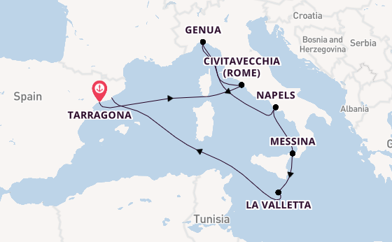 Westelijke Middellandse Zee vanaf Tarragona, Spanje met de MSC Magnifica