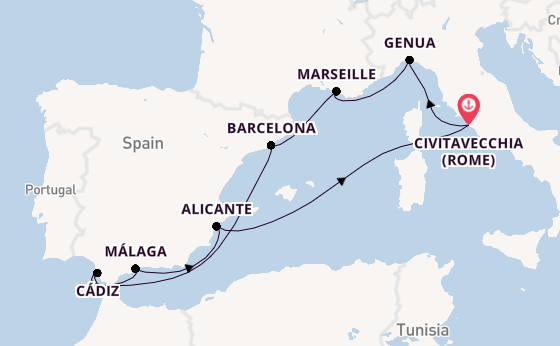 Westelijke Middellandse Zee vanaf Civitavecchia (Rome), Italië met de MSC Magnifica