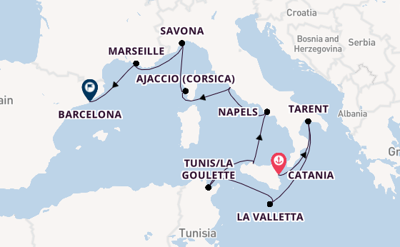 Westelijke Middellandse Zee vanaf Catania, Italië met de Costa Fascinosa
