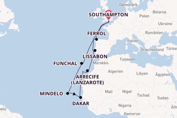 Portugal ab Southampton, Großbritannien auf der Queen Mary 2