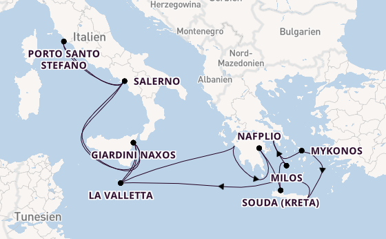 Mittelmeer ab Piräus (Athen), Griechenland auf der Silver Dawn