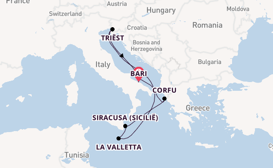 Westelijke Middellandse Zee vanaf Bari, Italië met de Costa Deliziosa