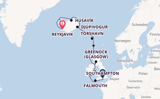Britische Inseln ab Reykjavik, Island auf der Marina