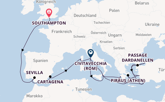 Mittelmeer ab Southampton, Großbritannien auf der Queen Elizabeth