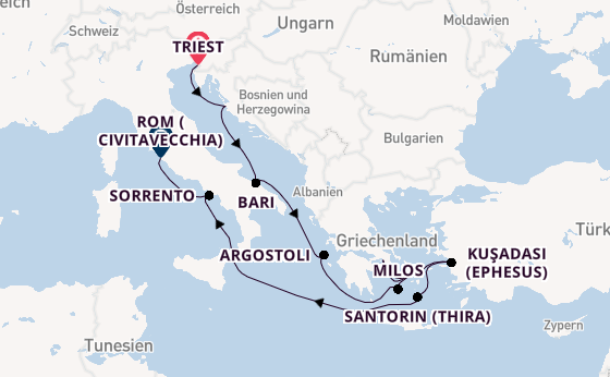 Mittelmeer ab Triest, Italien auf der Seven Seas Prestige