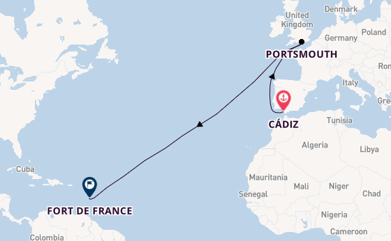 Engeland vanaf Cádiz, Spanje met de Le Bougainville