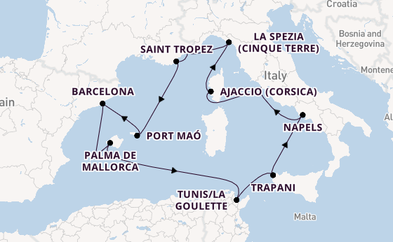 Westelijke Middellandse Zee vanaf Civitavecchia (Rome), Italië met de Explora VI