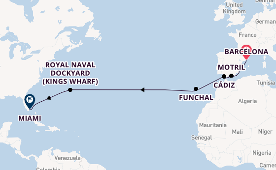 trans-Atlantisch vanaf Barcelona, Spanje met de Sonata (Oceania)