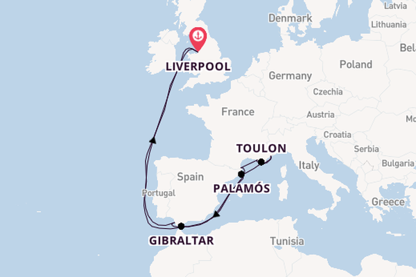 Western Mediterranean from Liverpool, England with the Bolette