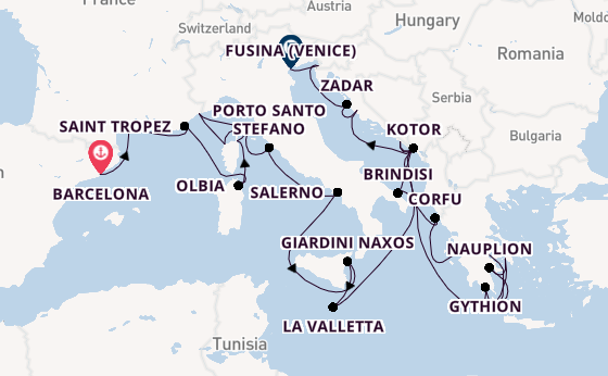 Middellandse Zee vanaf Barcelona, Spanje met de Seabourn Ovation