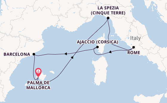 Westelijke Middellandse Zee vanaf Palma de Mallorca, Mallorca, Spanje met de Mein Schiff 4
