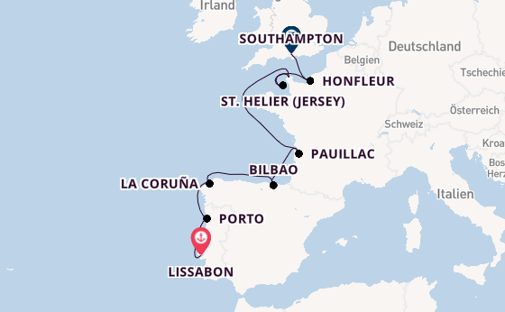 Vereinigtes Königreich ab Lissabon, Portugal auf der Seven Seas Prestige