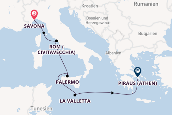 Einzigartige Kreuzfahrt über Palermo nach Piräus (Athen)