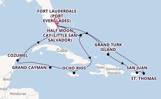 Caribbean from Fort Lauderdale (Port Everglades), Florida, USA with the Eurodam