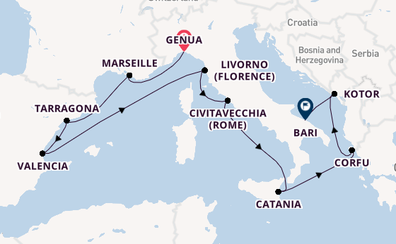 Westelijke Middellandse Zee vanaf Genua, Italië met de MSC Orchestra