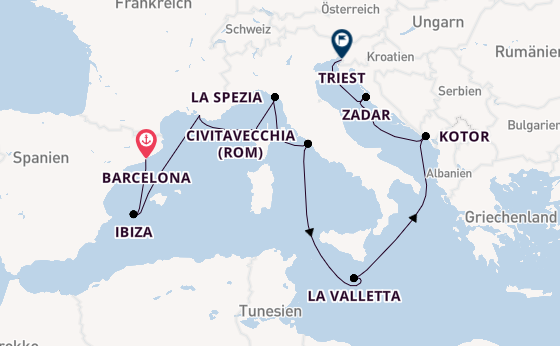 Mittelmeer ab Barcelona, Spanien auf der Queen Elizabeth