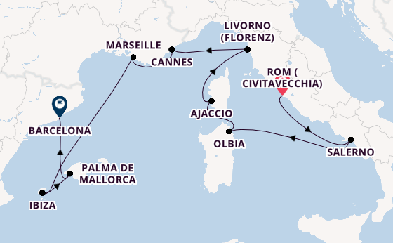 Westliches Mittelmeer ab Civitavecchia (Rom), Italien auf der Sonata (Oceania)