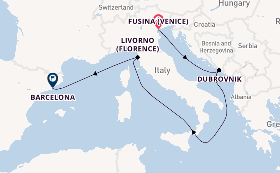 Westelijke Middellandse Zee vanaf Fusina (Venice) met de Seven Seas Grandeur