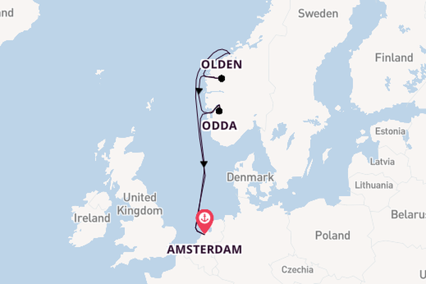 Noorwegen vanaf Amsterdam, Nederland met de Zuiderdam
