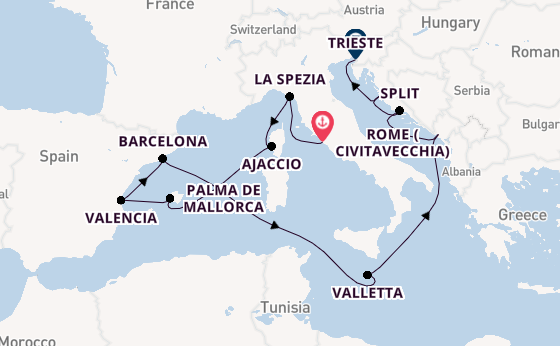 Mediterranean Sea from Rome (Civitavecchia), Italy with the Queen Elizabeth