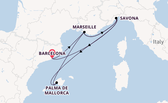 Westelijke Middellandse Zee vanaf Barcelona, Spanje met de Costa Diadema