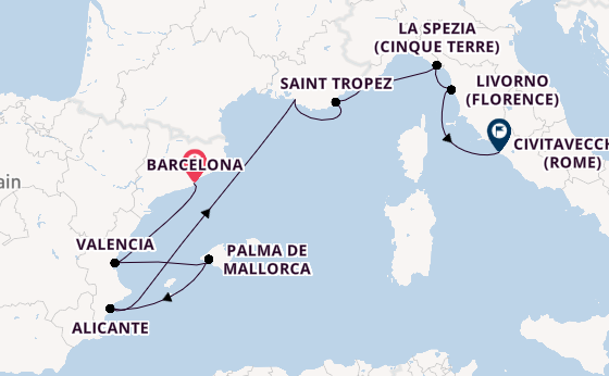 Westelijke Middellandse Zee vanaf Barcelona, Spanje met de Marina