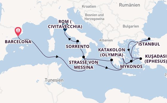 Mittelmeer ab Barcelona, Spanien auf der Queen Elizabeth
