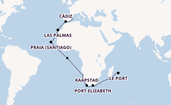 Zuidelijk Afrika vanaf Palma de Mallorca, Mallorca, Spanje met AIDAstella