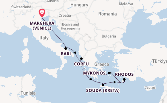 Oostelijke Middellandse Zee vanaf Marghera (Venice) met de Costa Deliziosa