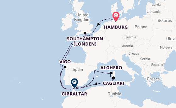 Westelijke Middellandse Zee vanaf Hamburg, Duitsland met de Queen Anne