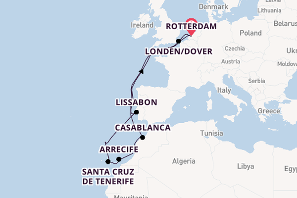 Canarische Eilanden vanaf Rotterdam, Nederland met de Nieuw Statendam