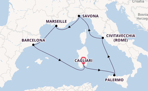 Westelijke Middellandse Zee vanaf Cagliari, Sardinië met de Costa Smeralda