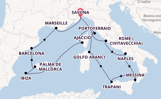 Western Mediterranean from Savona, Italy with the Costa Favolosa