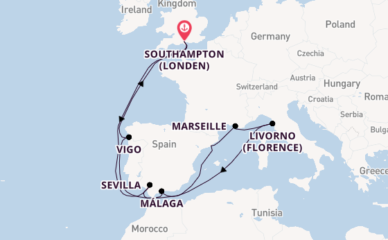 Westelijke Middellandse Zee vanaf Southampton (Londen), Engeland met de Queen Mary 2