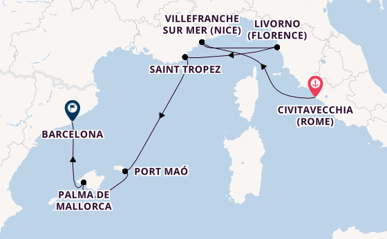 Westelijke Middellandse Zee vanaf Civitavecchia (Rome), Italië met de Explora V