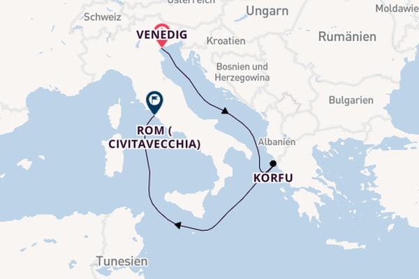 Mittelmeer ab Venedig, Italien auf der MSC Lirica