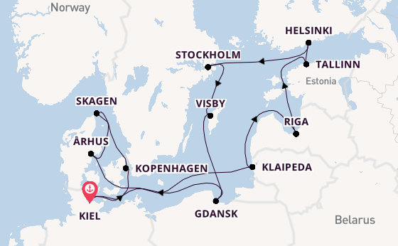 Oostzee vanaf Kiel, Duitsland met de Mein Schiff 7