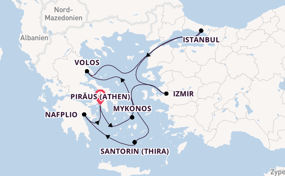 Östliches Mittelmeer ab Piräus (Athen), Griechenland auf der Costa Pacifica