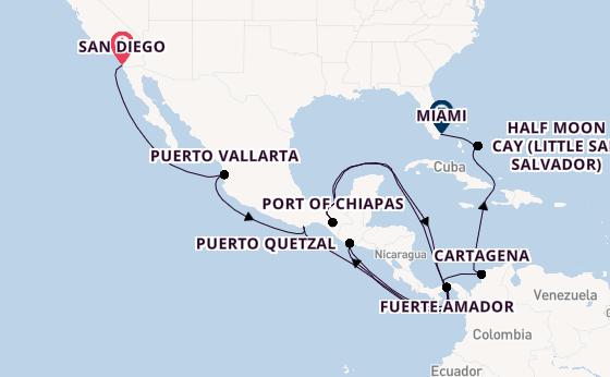 Central America from San Diego, California, USA with the Zuiderdam