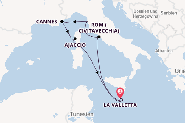 Westliches Mittelmeer ab La Valletta, Malta auf der Azura