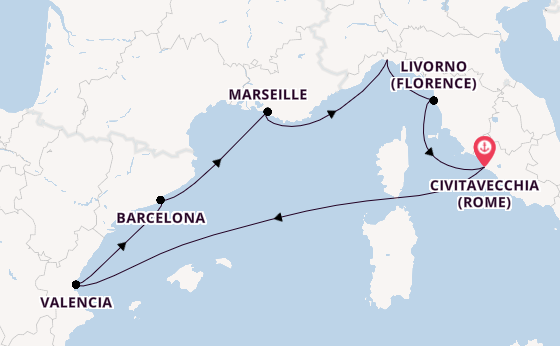 Westelijke Middellandse Zee vanaf Civitavecchia (Rome), Italië met de MSC Sinfonia