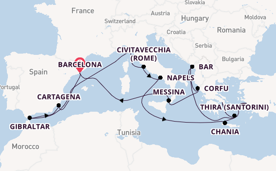 Middellandse Zee vanaf Barcelona, Spanje met de Sun Princess