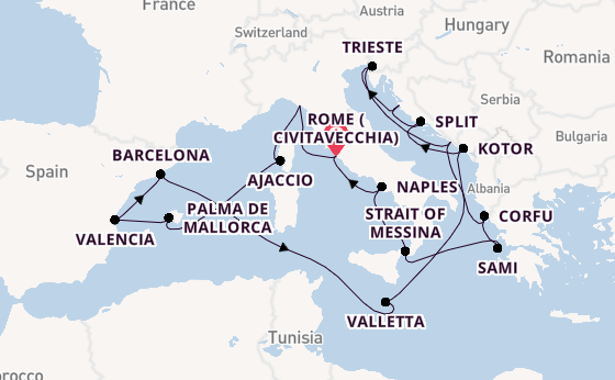 Mediterranean Sea from Rome (Civitavecchia), Italy with the Queen Elizabeth