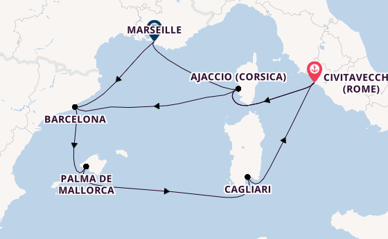 Westelijke Middellandse Zee vanaf Civitavecchia (Rome), Italië met AIDAcosma